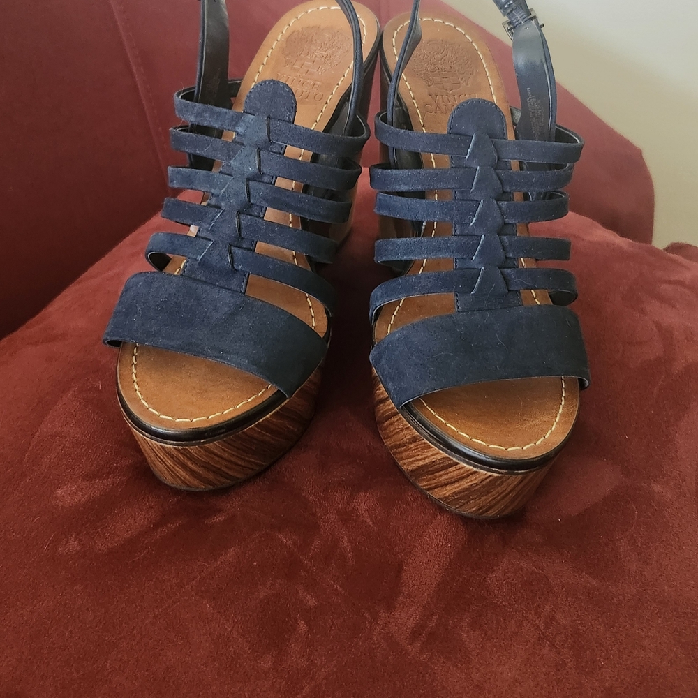 New-Vince Camuto Onia Blue Suede Platform Sling Back Heel Wedge Sandals Size8.5M - Picture 10 of 11